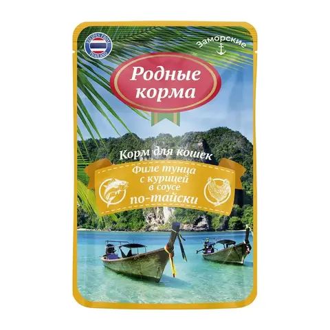 Родные Корма заморские паучи для кошек филе тунца с курицей в соусе по-тайски 70 г