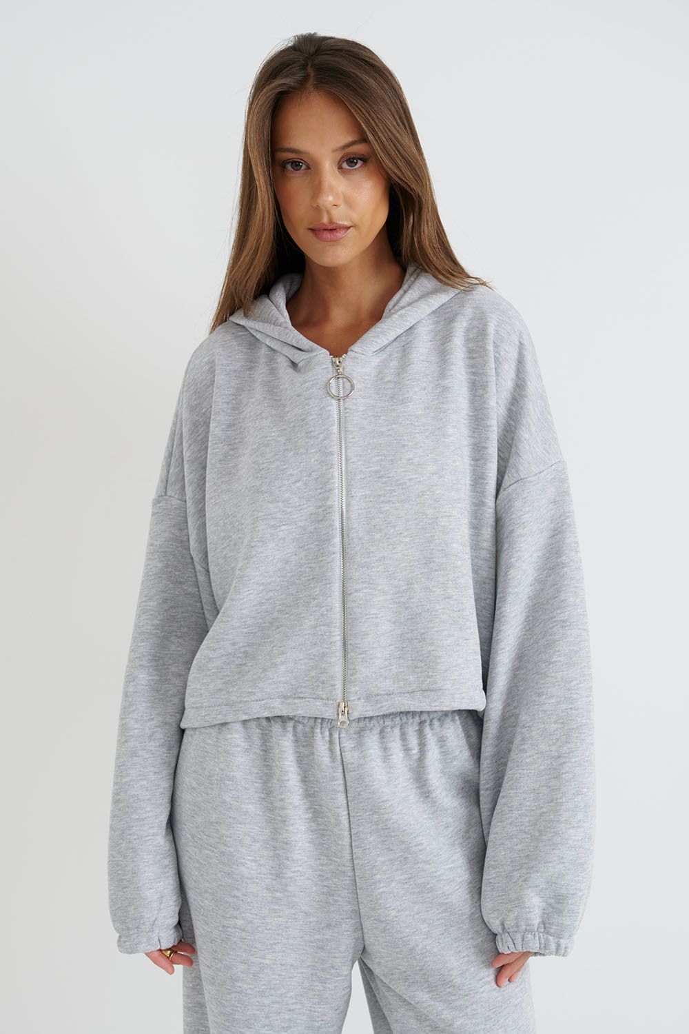 Укороченное худи на молнии цвета серый меланж