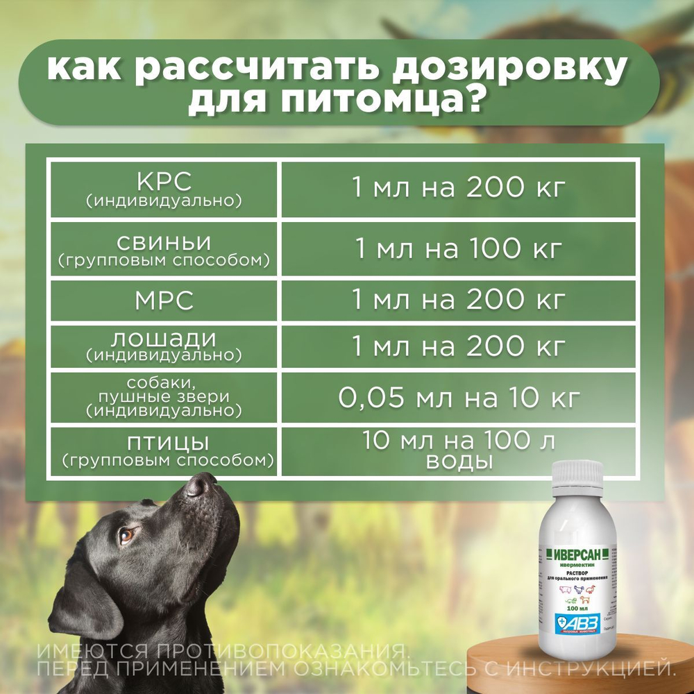 Раствор для орального применения от внутренних и наружных паразитов для сельскохозяйственных животных, птицы, пушных зверей и собак Иверсан (АВЗ), 100мл Ивермектин