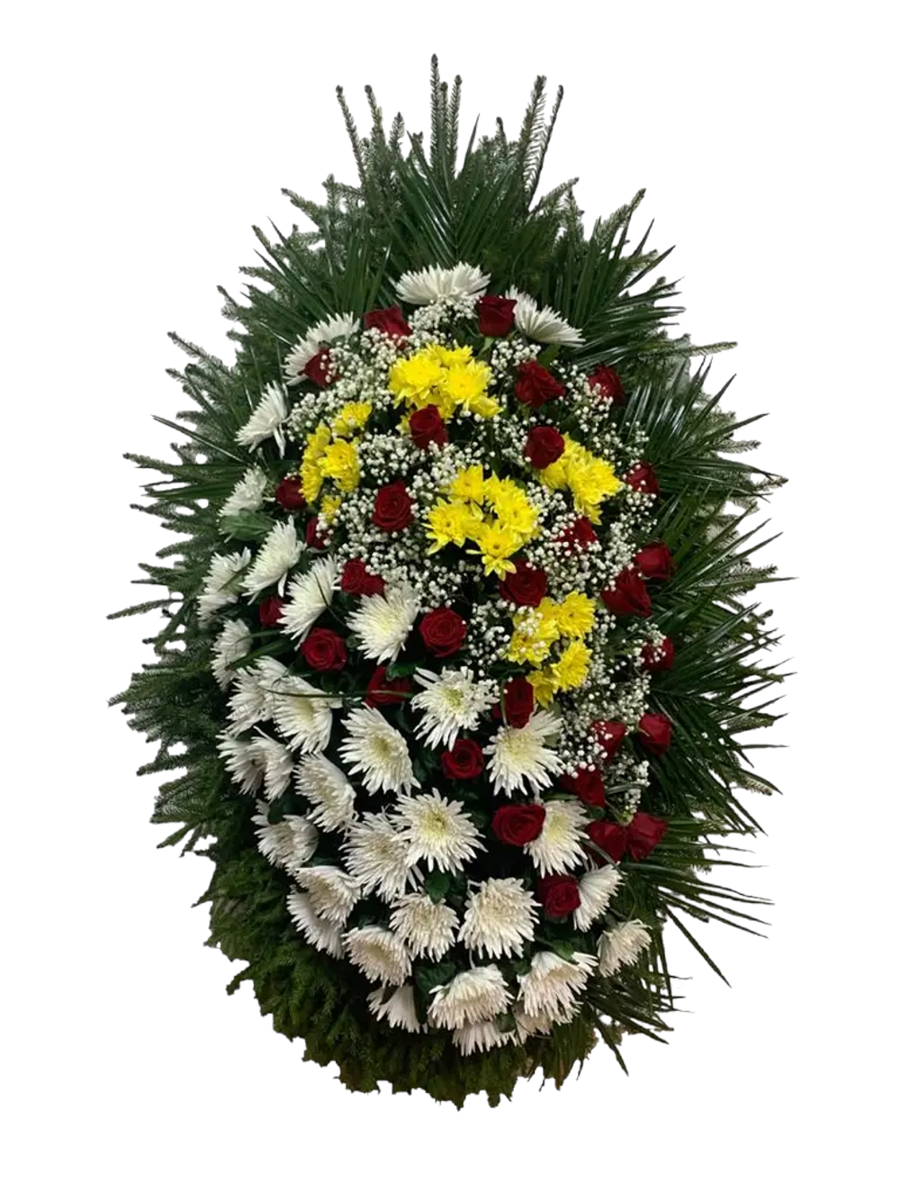 Траурный венок из живых роз, хризантем и зелени (ВЖ-03) 180 см.