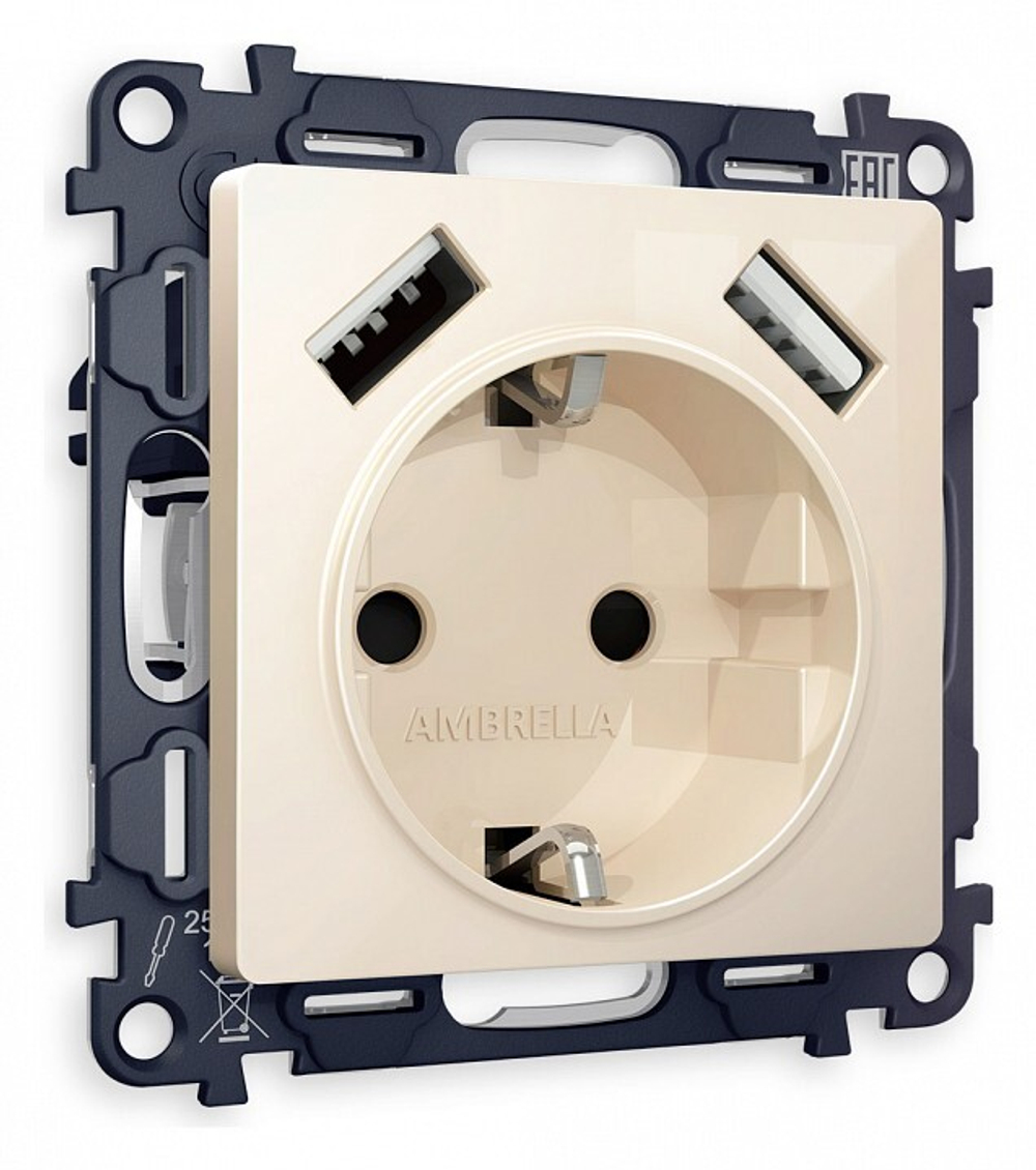 Розетка с заземлением и со шторкой и 2хUSB type A, без рамки Ambrella Volt Quant MA309010