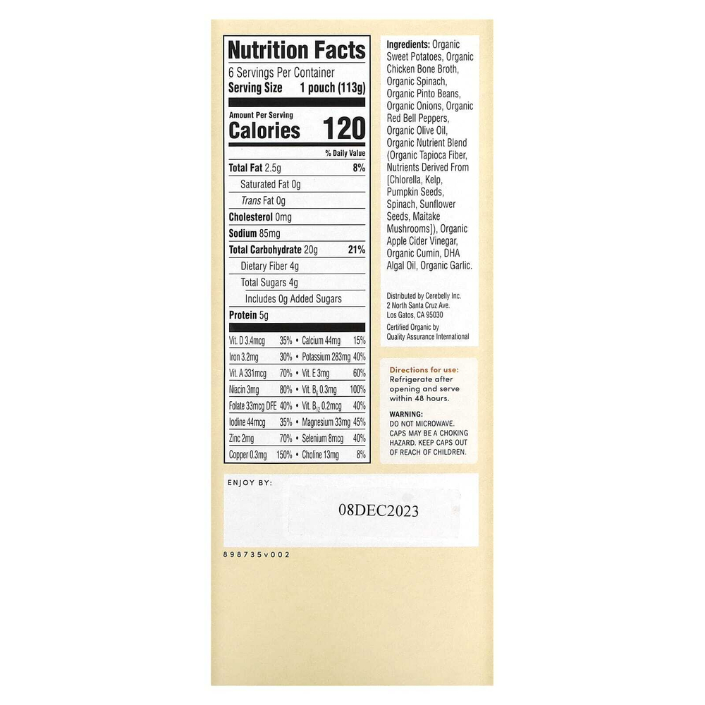 Cerebelly, Organic Baby Puree, Sweet Potato, Pinto Bean, Chicken Broth with Cumin, 6 Pouches, 4 oz (113 g) Each