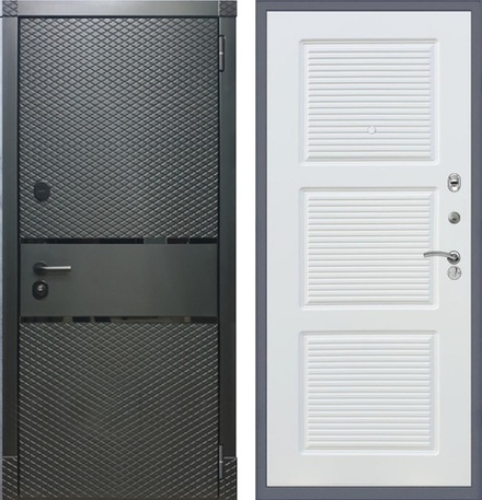 Входная металлическая дверь RеX (РЕКС) 15 Чешуя кварц черный, фурнитура хром/ ФЛ-1 Силк сноу 16мм