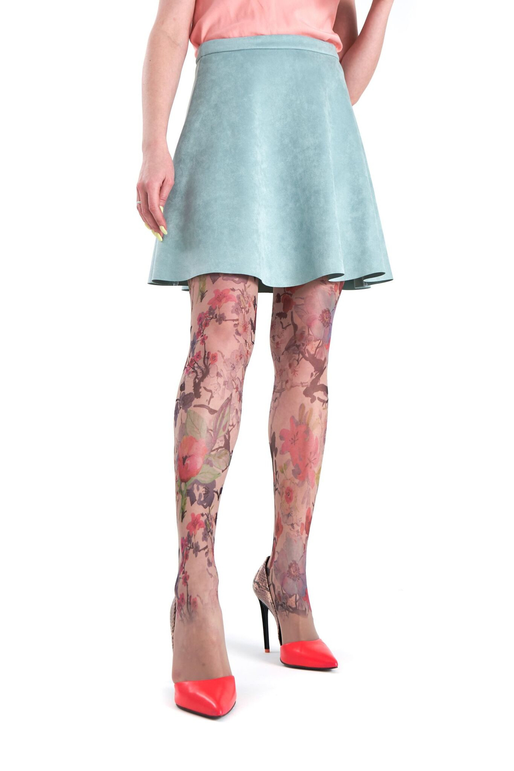 Колготки с принтом в виде нарисованных акварелью цветов (Размер: S-M-L) (Цвет: бежевый)