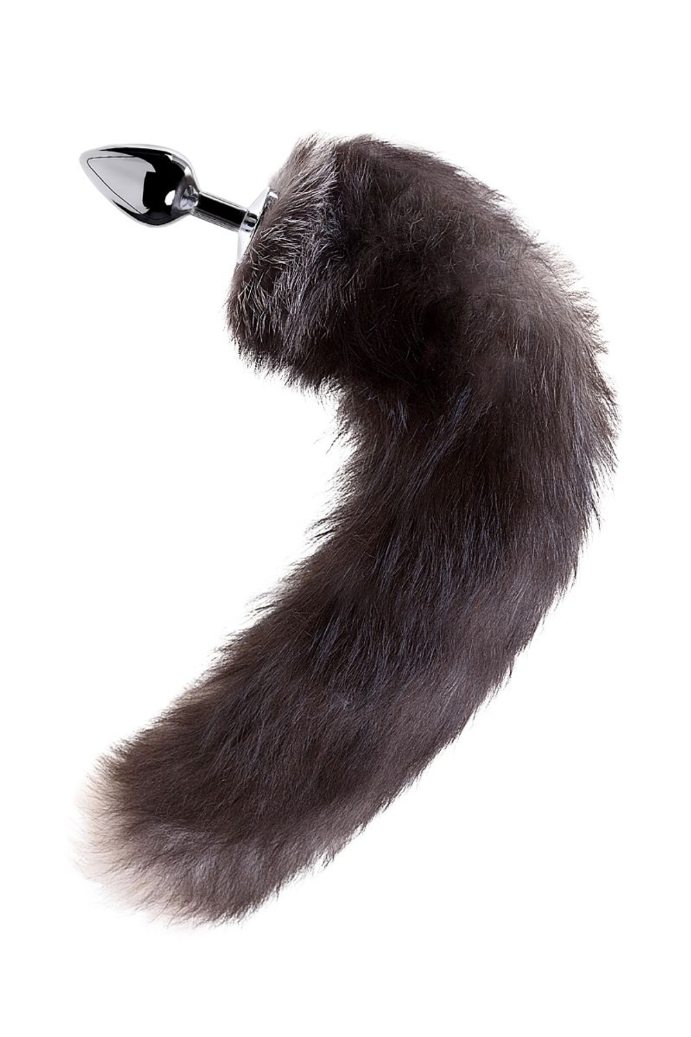 Большая серебристая металлическая анальная втулка с хвостом-чернобуркой (Цвет: черный с серым)