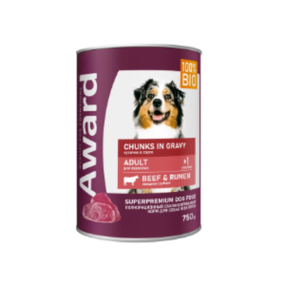 Влажный корм AWARD для взрослых собак кусочки с говядиной и рубцом в соусе 750г - 12 шт