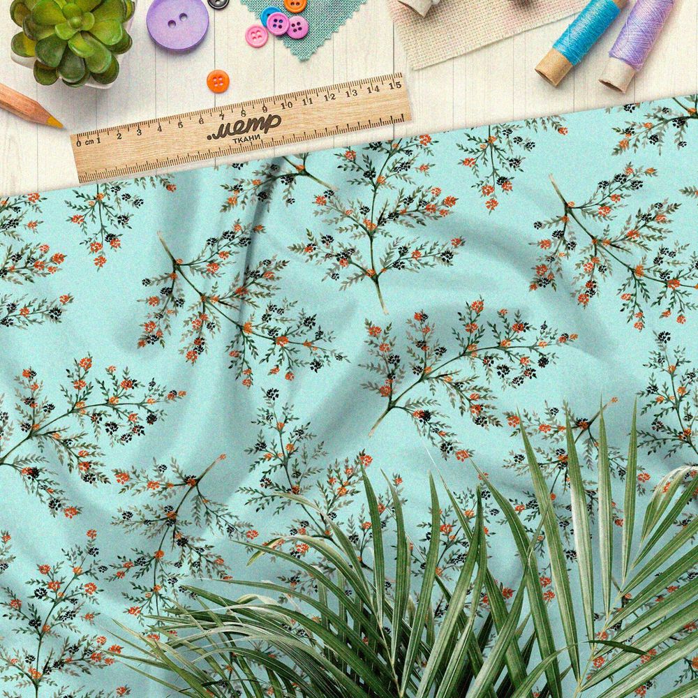 Ткань оксфорд 210 оранжевая рябина на зелёном фоне