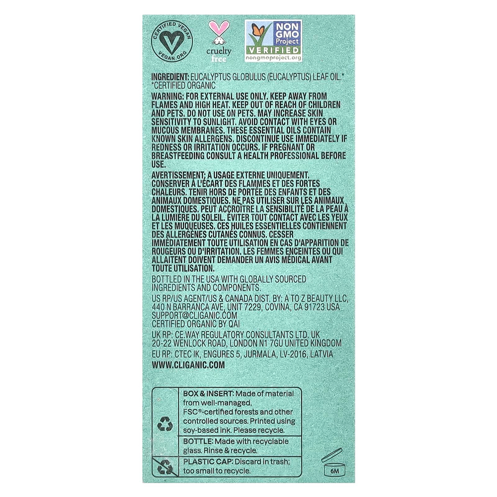 Cliganic, Moment of Clarity ™, эфирное масло, органический эвкалипт, 10 мл (0,34 жидк. Унции)
