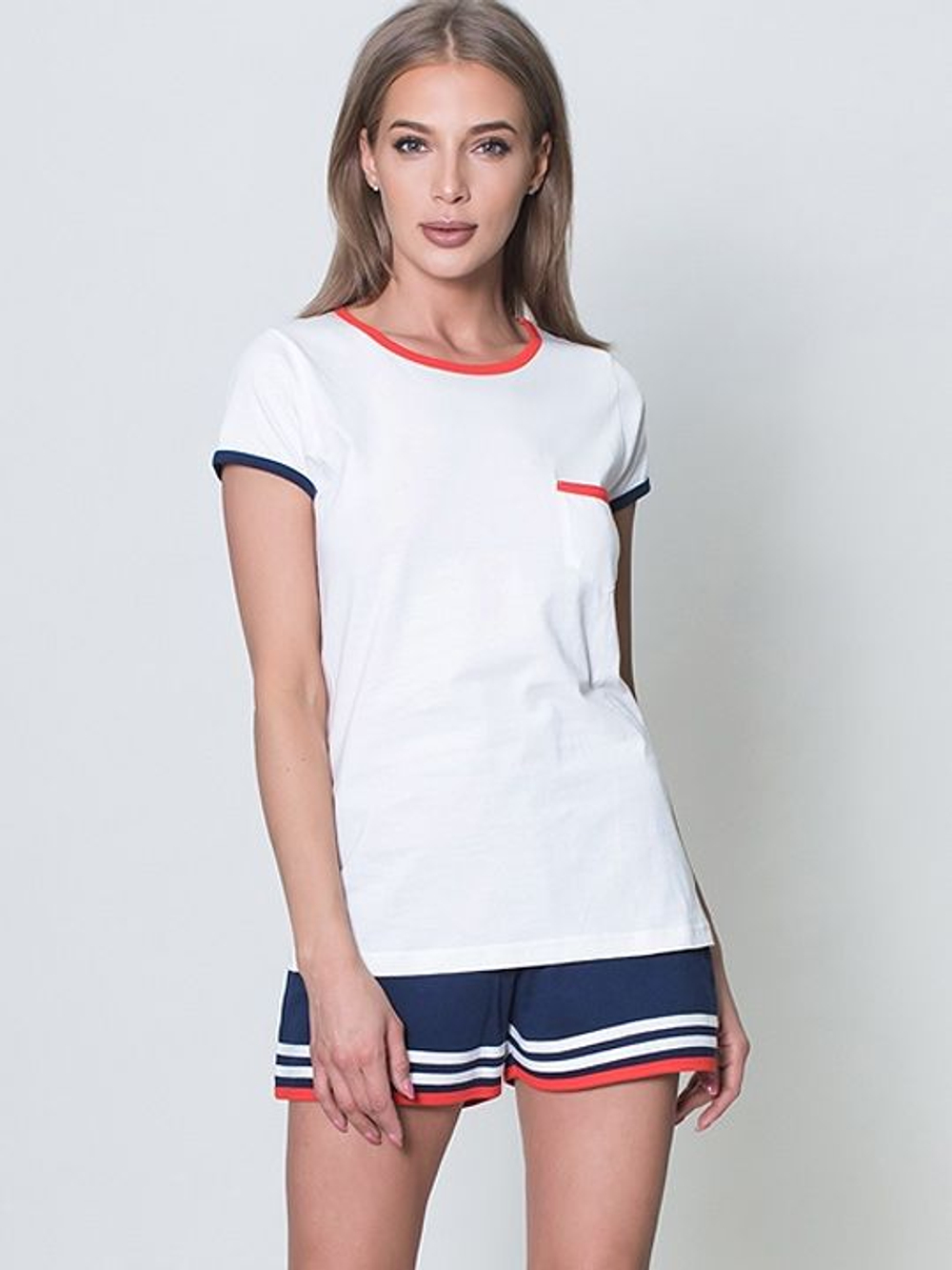 Оригинальная пижама с полосками на шортах (Размер: XL) (Цвет: белый с синим)