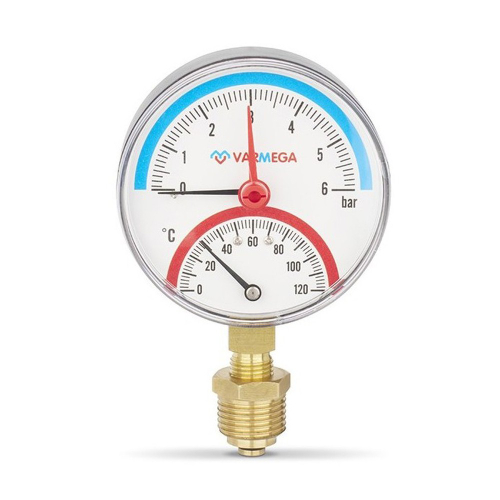 Термоманометр VARMEGA радиальный 80 мм, 6 бар, 120гр.С, 1/2", с отсекающим клапаном, VMMT07-800604