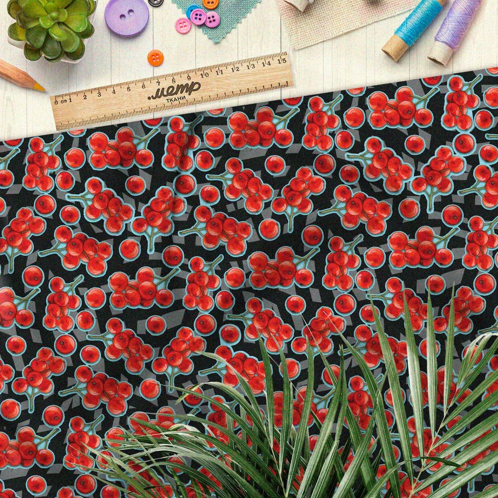 Ткань атлас мёрзлая рябина с зелёной каймой