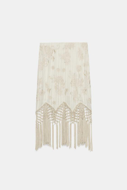 ZARA ЮБКА С ВЫШИВКОЙ И БАХРОМОЙ — ZW COLLECTION, ЭКРЮ