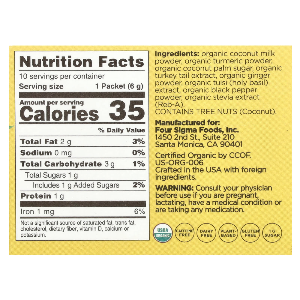 Four Sigmatic, смесь для приготовления органического золотого латте с трутовиком разноцветным, без кофеина, 10 пакетиков по 6 г (0,21 унции)