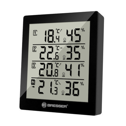 Метеостанция BRESSER Temeo Hygro Quadro, 3 термодатчика, гигрометр, черный, 73257