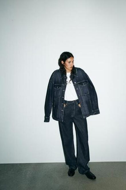 ZARA ПРЯМЫЕ ДЖИНСЫ TRF С ВЫСОКОЙ ПОСАДКОЙ И ХЛЯСТИКОМ, ТЕМНЫЙ ИНДИГО