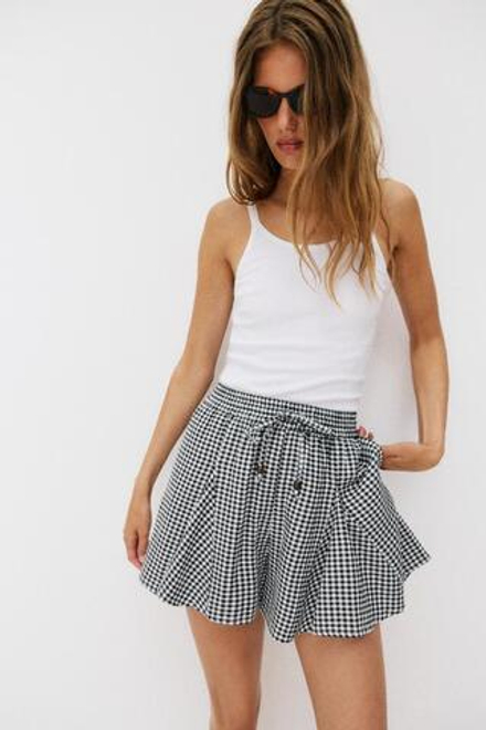 ZARA ЮБКА-ШОРТЫ В КЛЕТКУ ВИШИ С ВОЛАНАМИ, СИНИЙ