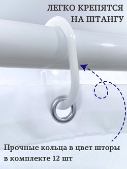 Штора для ванной комнаты тканевая белая 180х180 см, с утяжелителем, на больших люверсах (вешаем сразу на карниз)