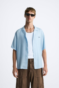 ZARA РУБАШКА ИЗ ЛИОЦЕЛЛА С ВЫШИВКОЙ, НЕБЕСНО-ГОЛУБОЙ