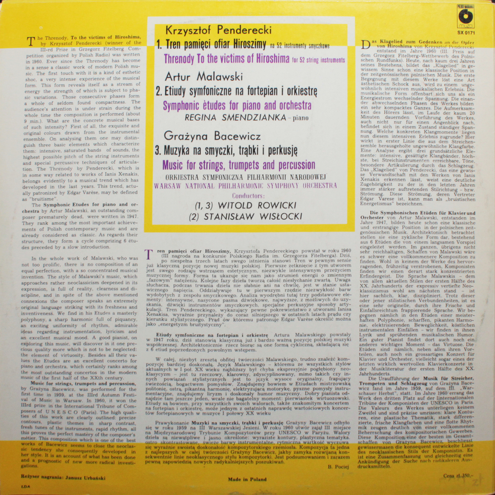 Krzysztof Penderecki / Tren Pamieci Ofiar Hiroszimy. Muzyka Na Smyczki Trabki I Perkusje. Etiudy Symfoniczne (LP)