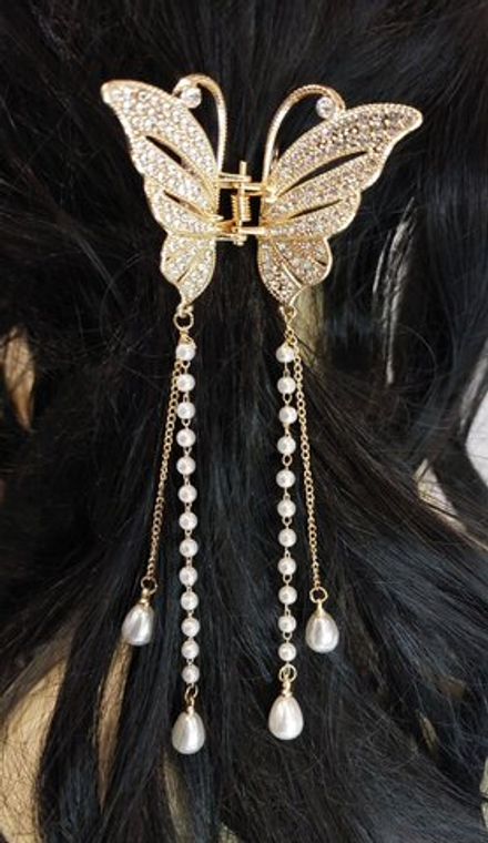 Заколка. Краб для волос универсальная. Для всех типов волос. Металлическая. с  кисточками из жемчужин (имитация). Цвет золото