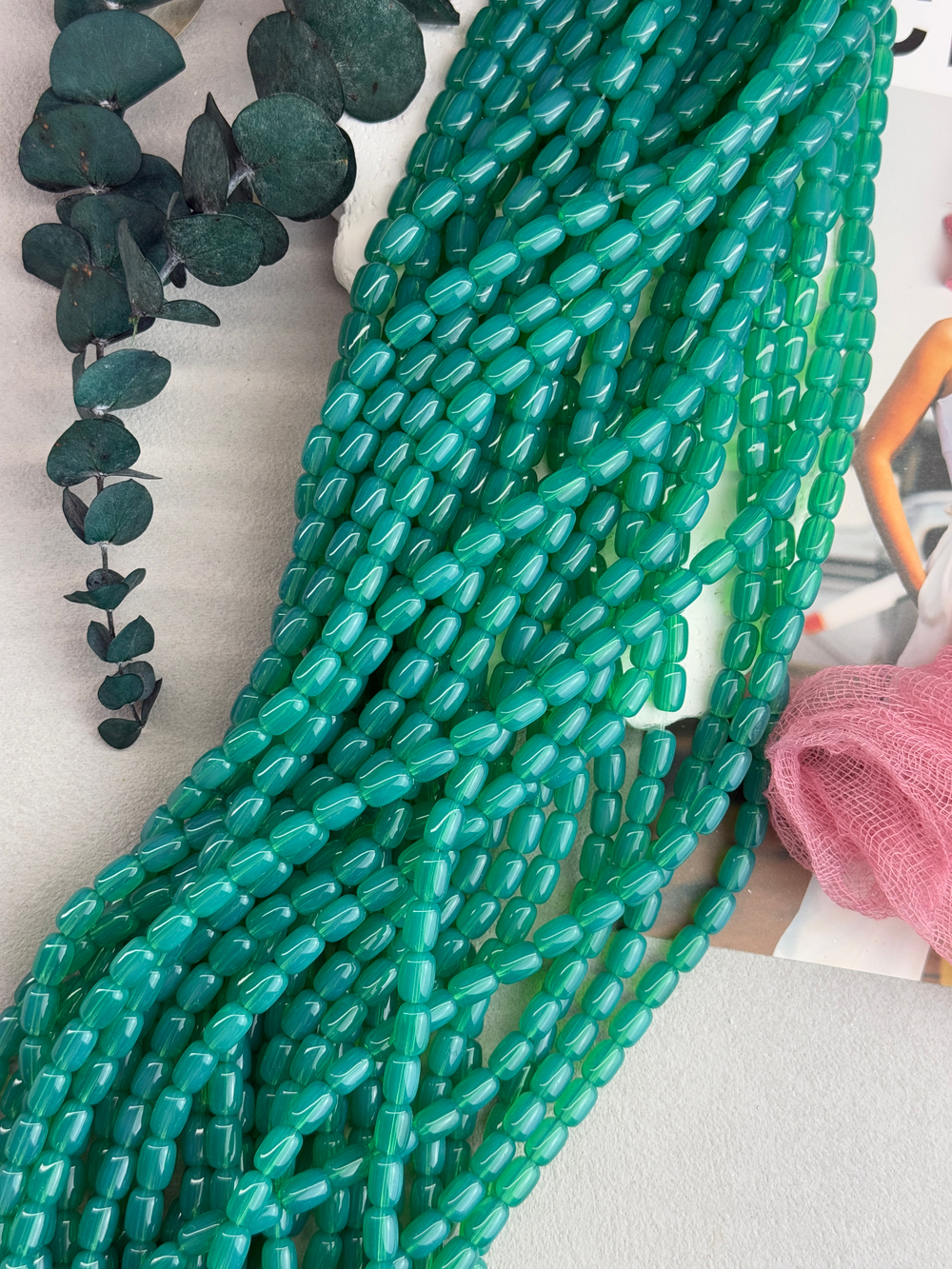 Стеклянные бусины, бочонок 6*9 мм, нить 38 см, "Нефрит"