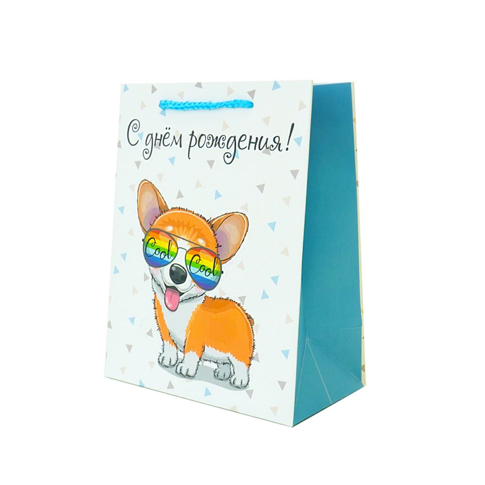 Пакет подарочный S вертикальный, &quot;С Днем Рождения. Собачка в очках&quot;, 18*23*10см (Д*В*Ш)