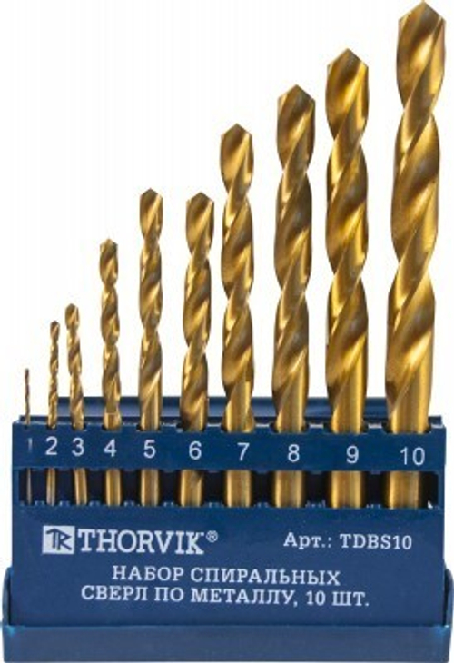 Набор спиральных сверл по металлу HSS TiN в пластиковом кейсе, d1.0-10.0 мм, 10 предметов (THORVIK)