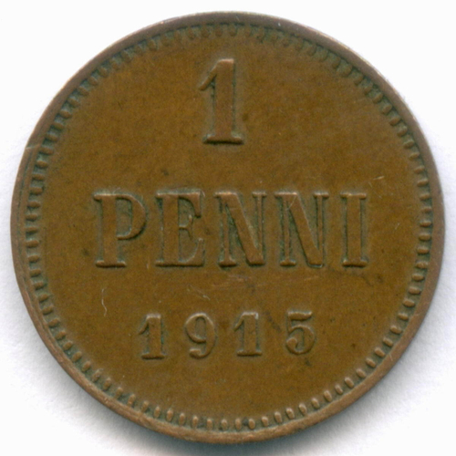 1 пенни 1915 год. Россия для Финляндии (Вензель Николая II). XF