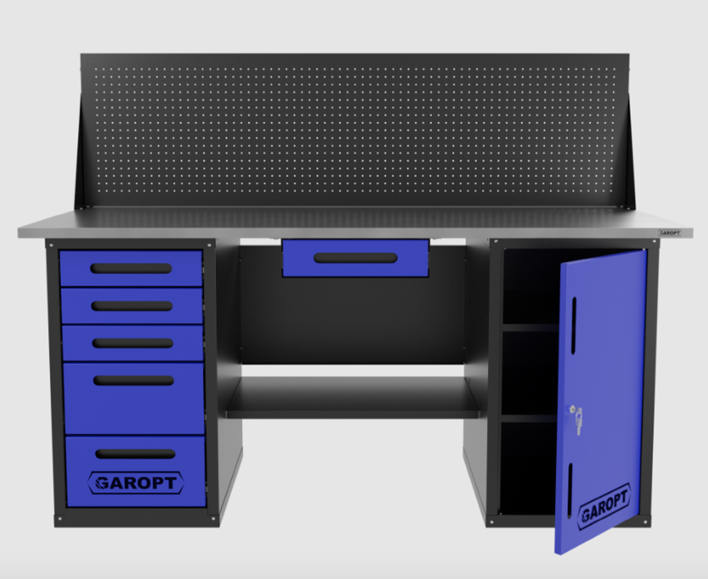 Верстак двухтумбовый дверь/5 ящиков с экраном и ящиком, синий 1800*700 Garopt, GT1800DY1Y5PP.blue