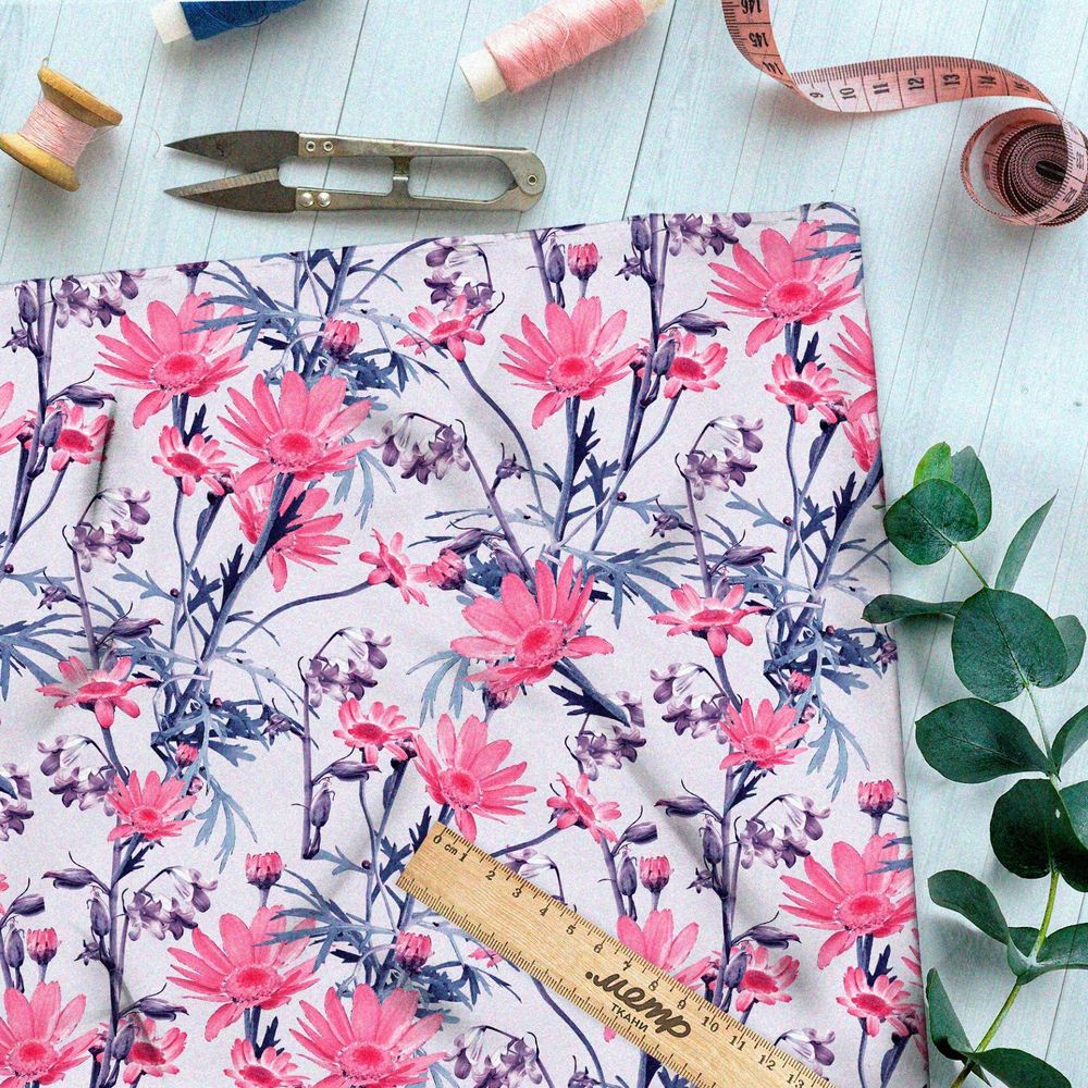 Ткань оксфорд 600 розовые ромашки на фиолетовых стеблях
