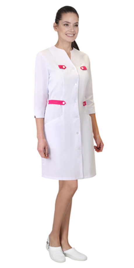 Халат "БРАЙТЛИ" женский белый с фуксией, тк.Твил стрейч