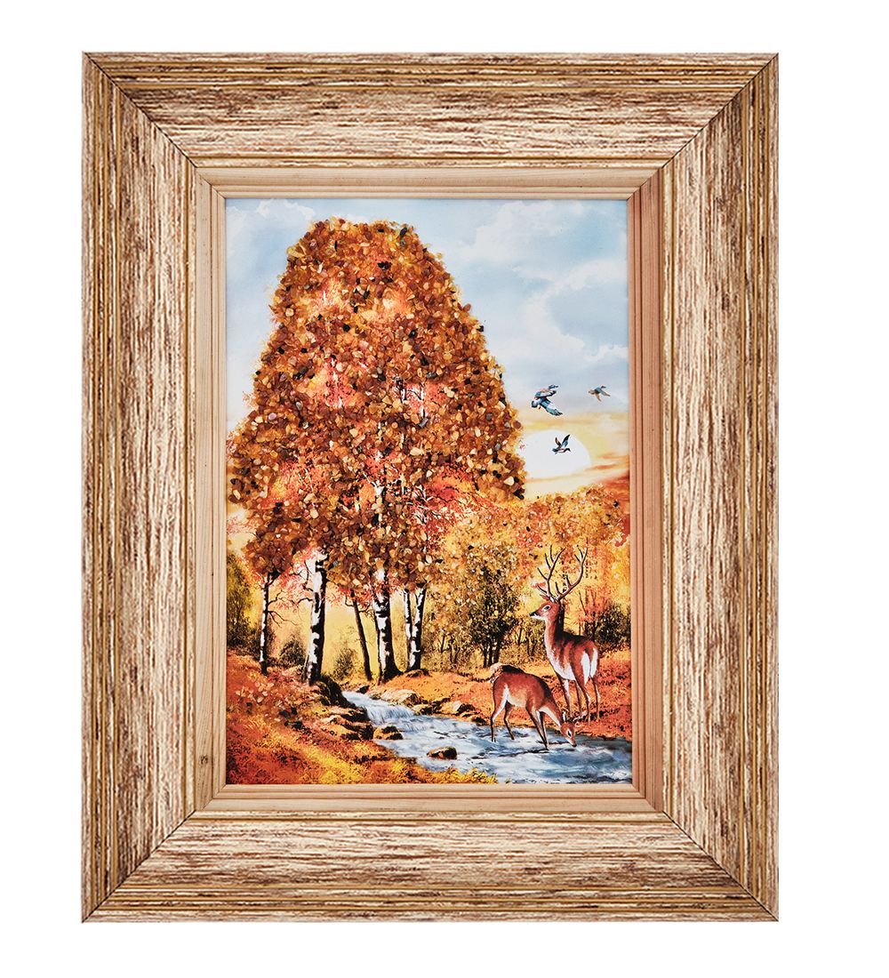 AMB-01/35 Картина «Олени у ручья» (с янтарной крошкой) пласт.рамка 33х42см
