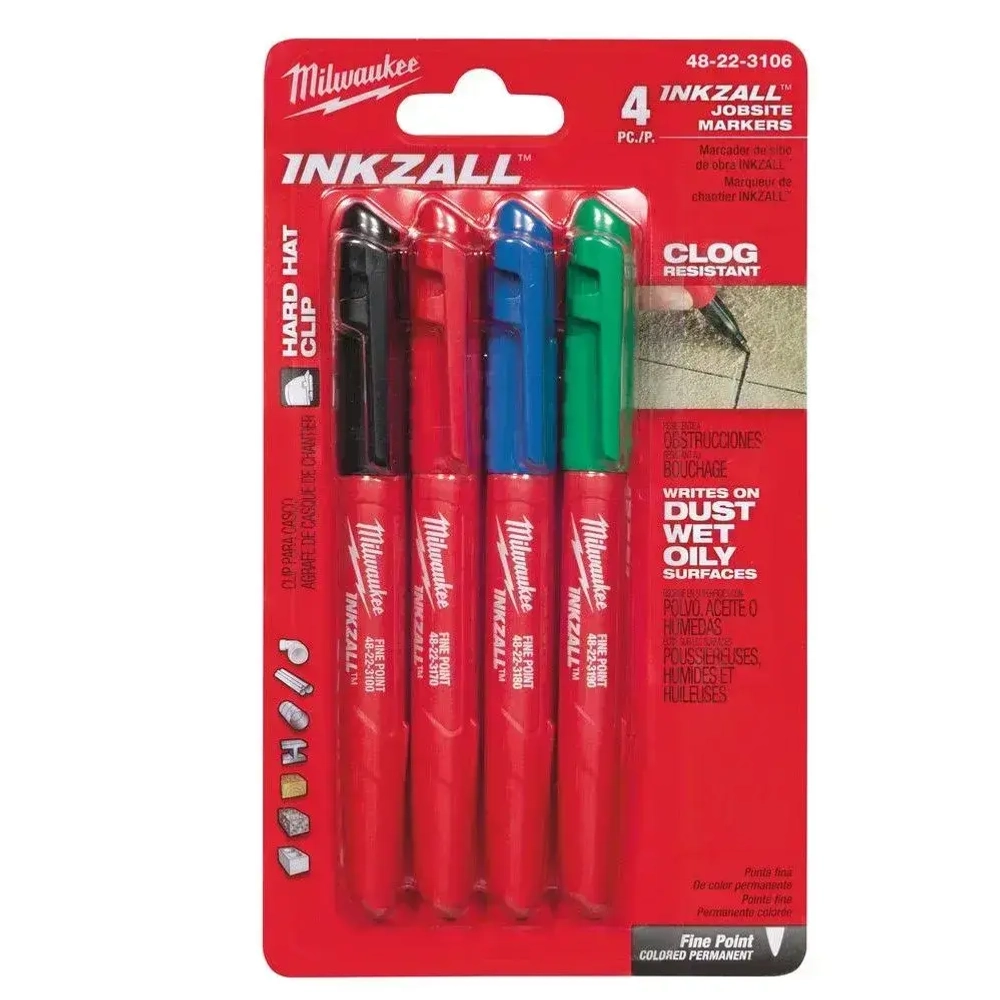 Маркеры с тонким пером, набор - синий, красный, зеленый, черный, Milwaukee INKZALL