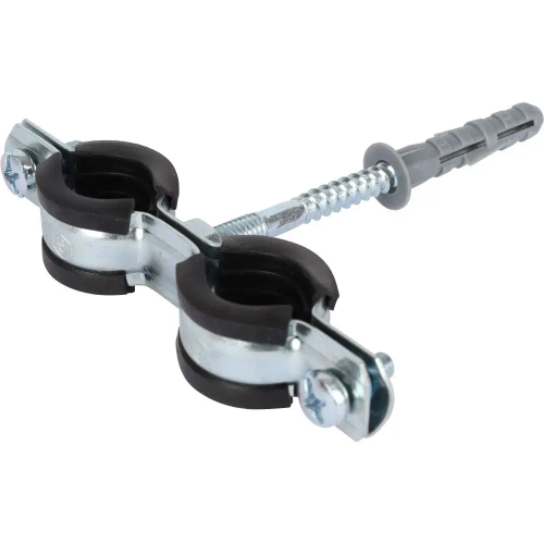 Двойной Хомут для труб STOUT комплект: хомут+шпилька+шуруп+дюбель пластиковый 1/2"(20-24)