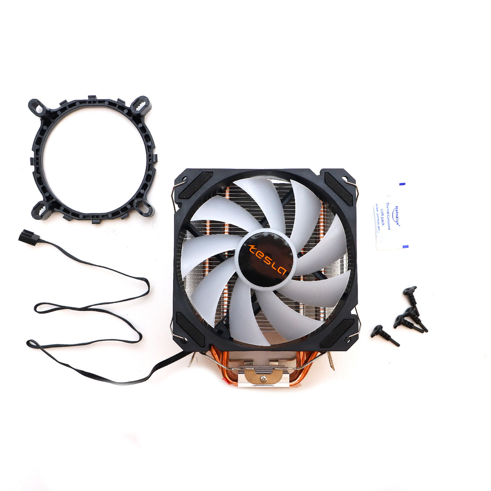 Кулер для процессора TESLA 1000RGB, 1х120мм, 800~1800rpm, 4-pin, Al+Cu, серебристый/RGB, 60CFM, 25дБ, 4-PIPE, TDP 170Вт, INTEL 1700/1200/115x/775/1366, AMD AM5/AM4/AM3(+)/AM2(+)/FM2(+)/FM1/754/940/939 (TSL-1000-RGB)