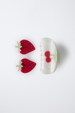 ZARA НАБОР ЗАКОЛОК ДЛЯ ВОЛОС С ДЕТАЛЯМИ «КЛУБНИКА», КРАСНЫЙ