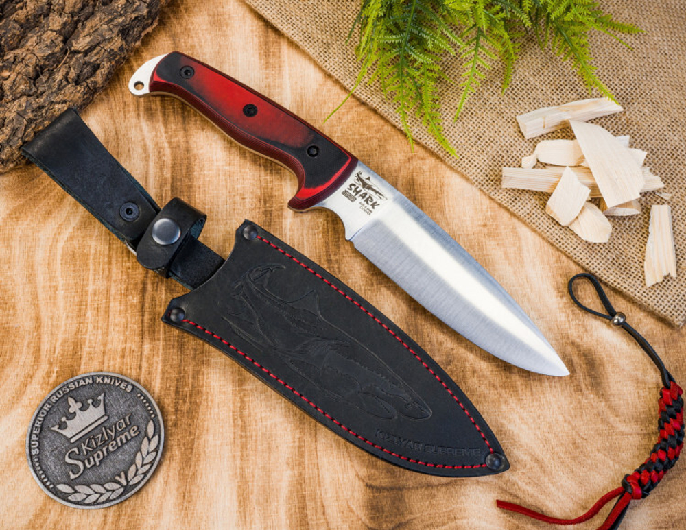 Нож Kizlyar Supreme SHARK AUS-8 SW G10-BRH LS (StoneWash, G10 Black-Red Handle, Leather Sheath)
