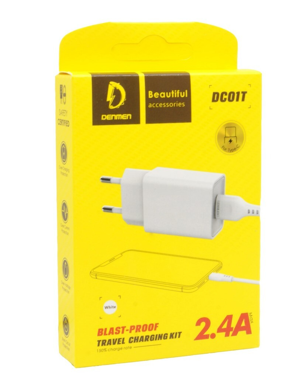Сетевой адаптер питания DENMEN DC01T 1USB + кабель TypeC (белый)