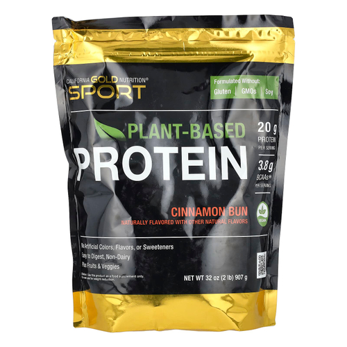 California Gold Nutrition, Sport, растительный протеин с концентратом протеина из органического коричневого риса, семенами льна и чиа, со вкусом булочки с корицей, 907 г (2 фунта)