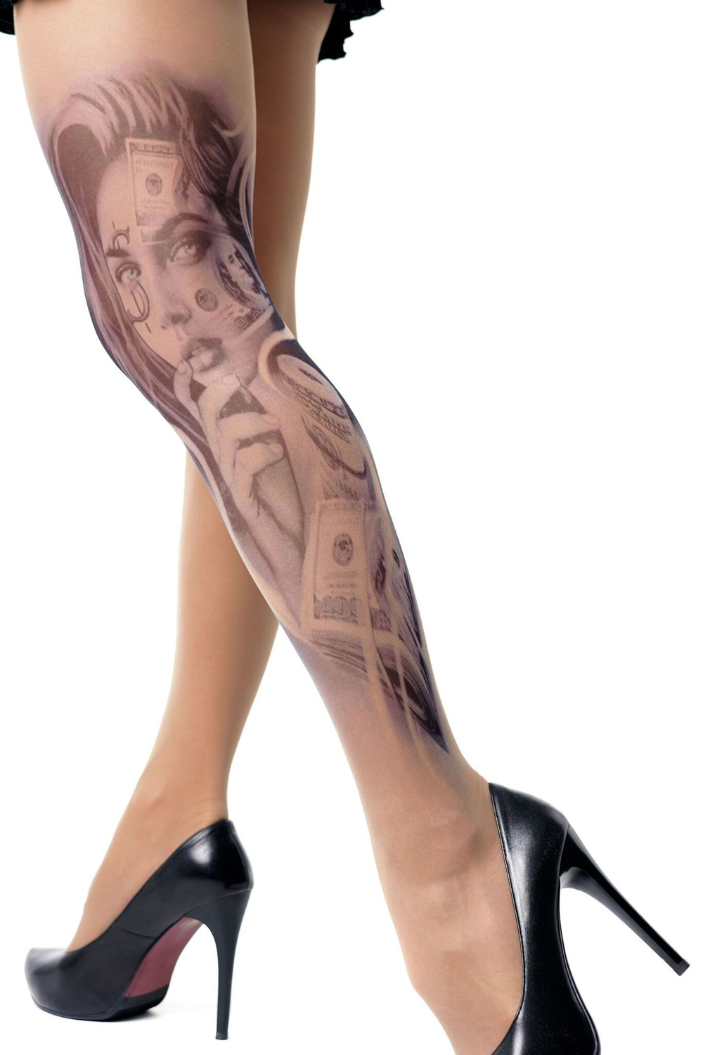 Колготки +size с принтом в виде женского лица в окружении купюр (Размер: XL-XXL-XXXL) (Цвет: бежевый)