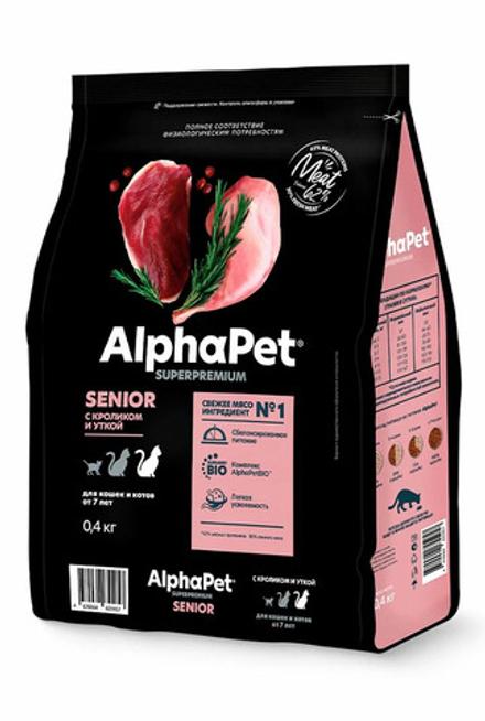 ALPHA PET Сухой корм для пожилых кошек старше 7 лет, с кроликом и уткой 0,4 кг