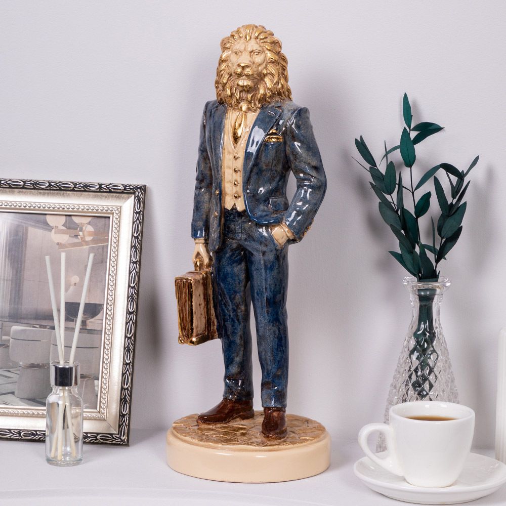 Скульптура Лев Бизнесмен Айвори Синий