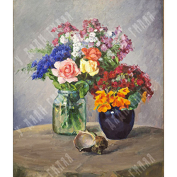 Найденко В. Ф.? Натюрморт с двумя букетами и раковиной рапаны. Холст, масло. 1970-е гг.