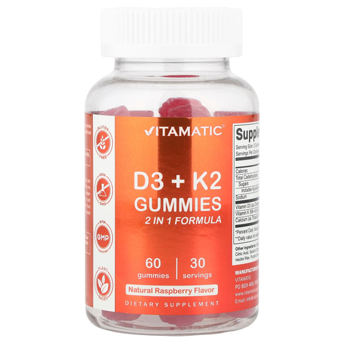 Vitamatic, Жевательные мармеладки D3 + K2, натуральная малина, 60 жевательных таблеток