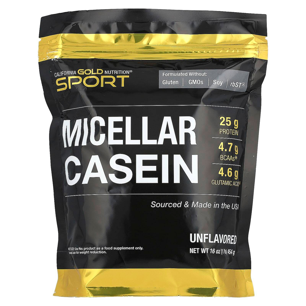 California Gold Nutrition, Sport, мицеллярный казеин, без добавок, медленное усвоение, 454 г (16 унций)