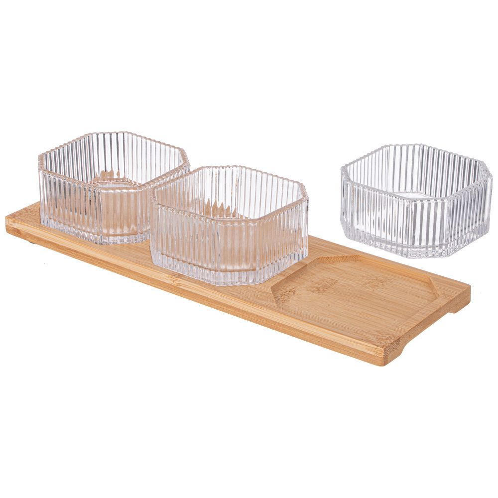 НАБОР ЕМКОСТЕЙ ИЗ 3-Х ШТУК "PERFO" 8,5*4СМ НА БАМБУКОВОЙ ПОДСТАВКЕ