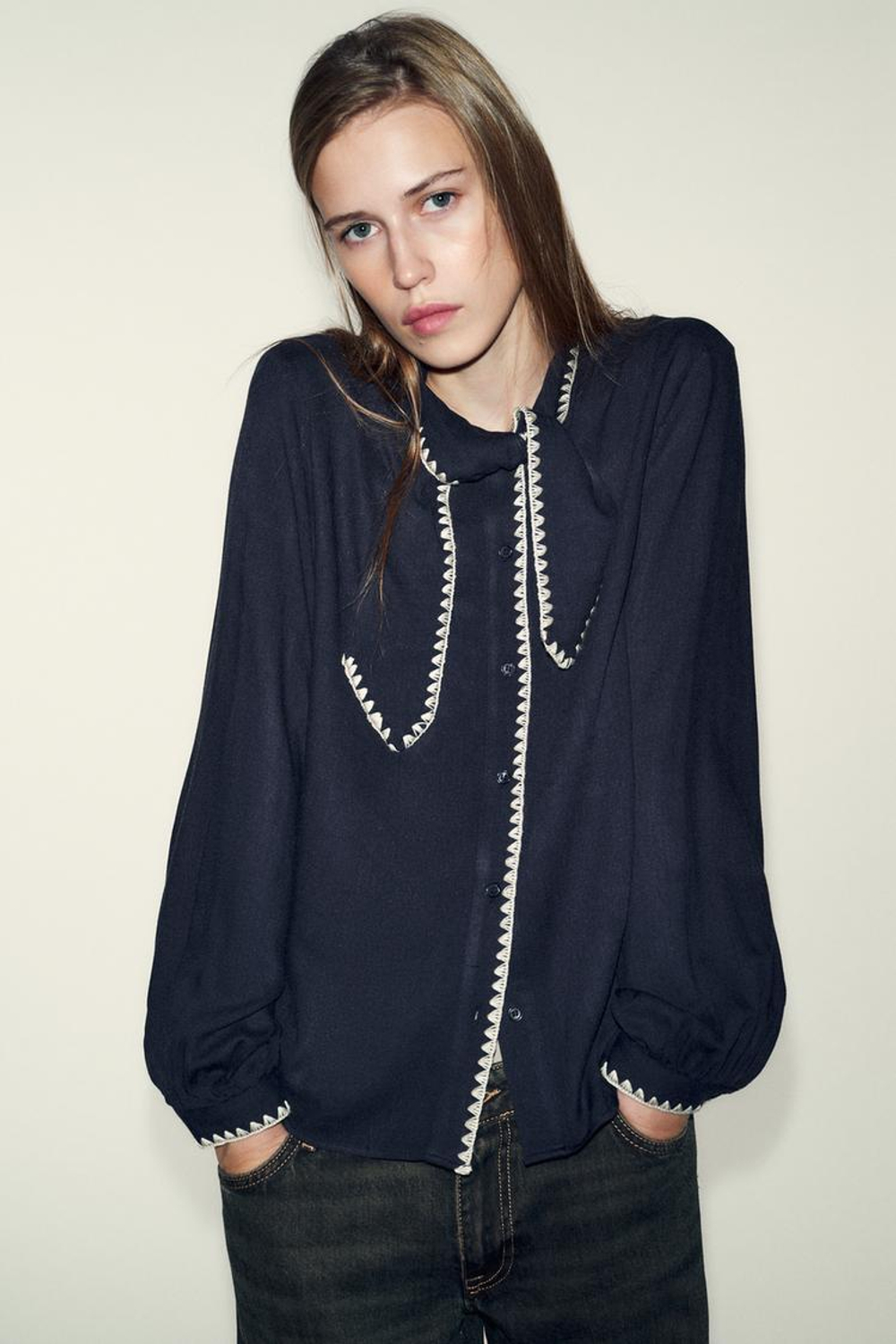 ZARA БЛУЗА С БАНТОМ, СИНИЙ