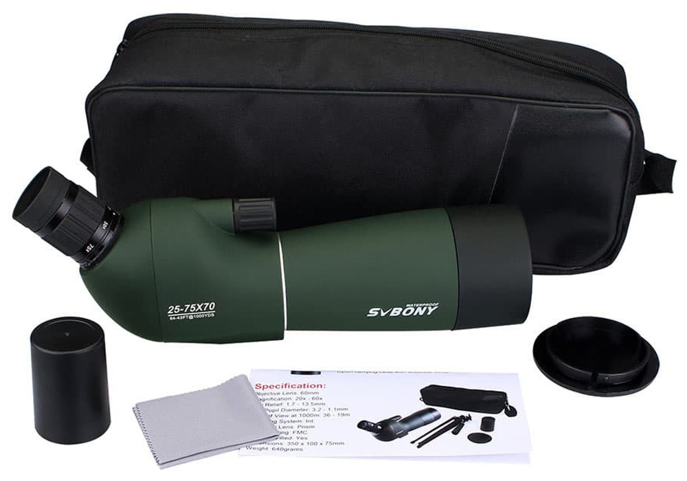 Зрительная труба SVBONY SV28 25–75x70 WP со штативом, зеленая