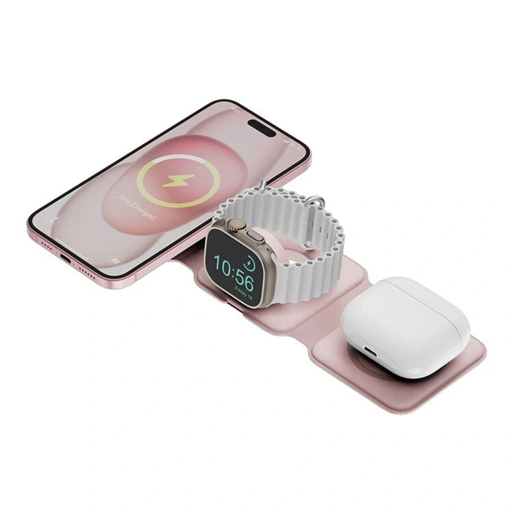 Беспроводное зарядное устройство EnergEA Bazic GoMag Trio PLUS magnetic wireless foldable 15W, Pink (GM-TRIOPLUS-PNK)