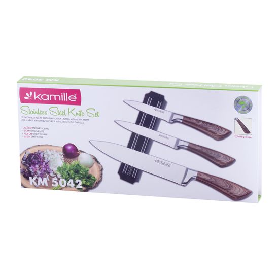 Набор кухонных ножей на магнитной планке Kamille КМ-5042 (3 ножа, магнитный настенный держатель)